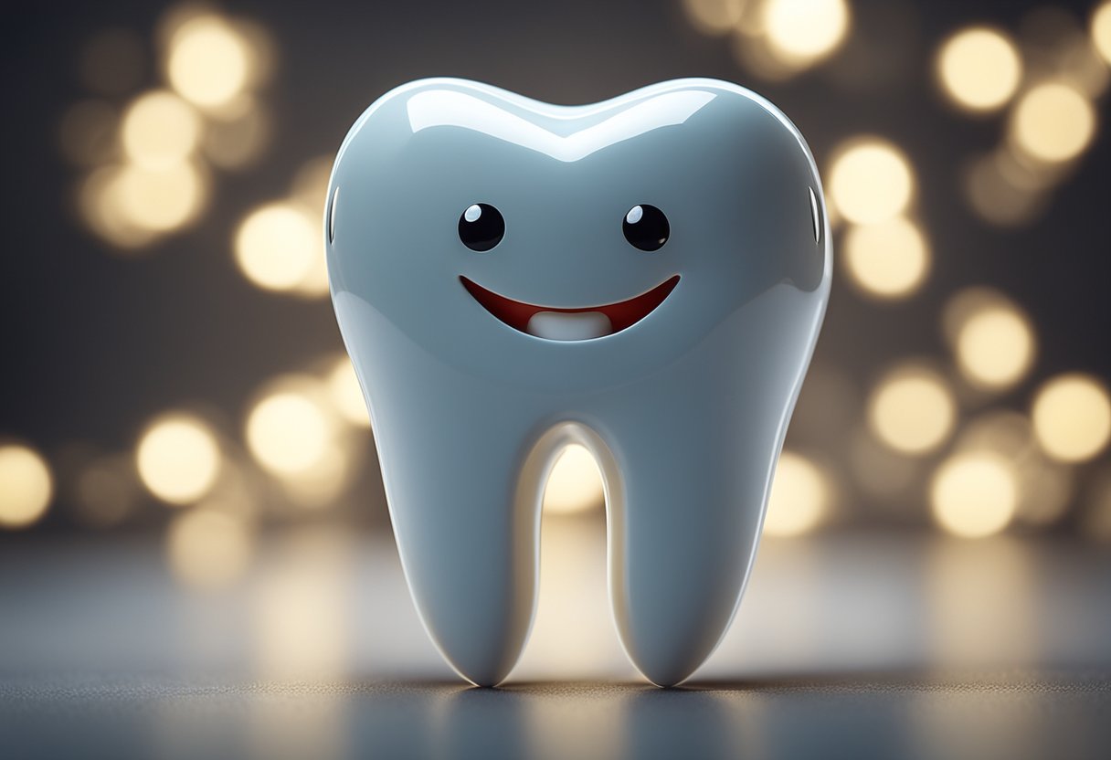 Um dente sorridente rodeado por uma luz brilhante e radiante, simbolizando o branqueamento dental.