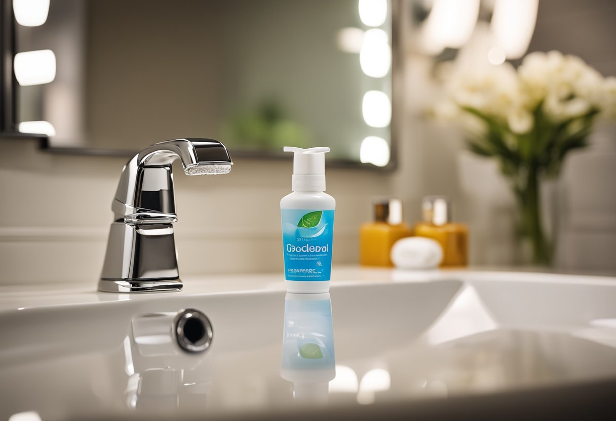 Uma escova de dentes brilhante e um tubo de pasta de dentes numa bancada de casa de banho, rodeados por uma torneira reluzente e um espelho.