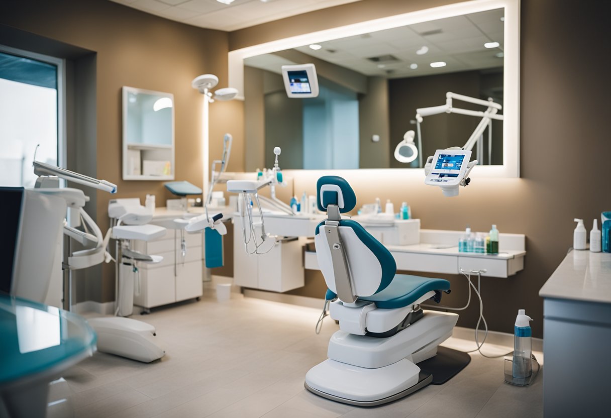 Um consultório dentário com uma cadeira de dentista, ferramentas e equipamento para branqueamento dental. Uma casa de banho com pasta de dentes, uma escova de dentes e um kit de branqueamento dental na bancada.