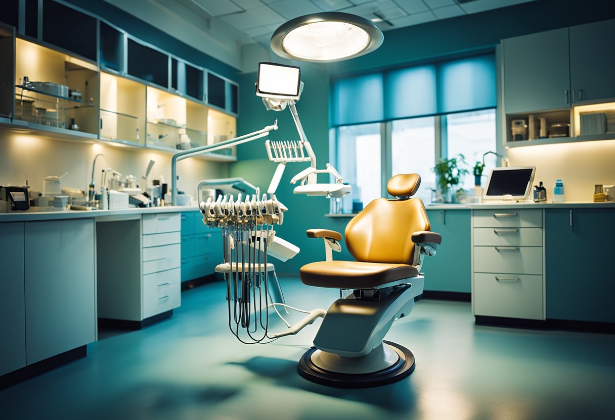 Uma cadeira de dentista rodeada por várias ferramentas e equipamentos dentários, com uma luz brilhante a iluminar tudo.