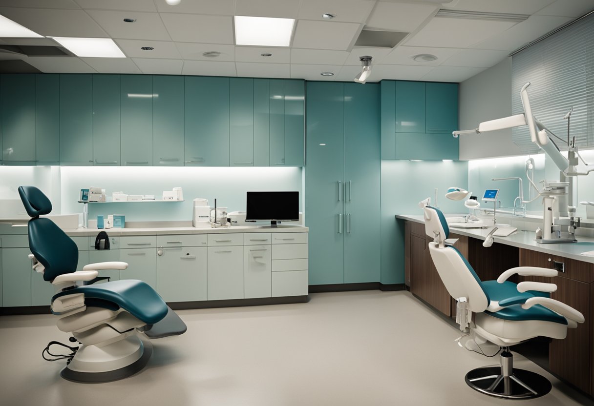 Um consultório dentário com um dentista e um paciente, rodeado por ferramentas e equipamentos dentários.