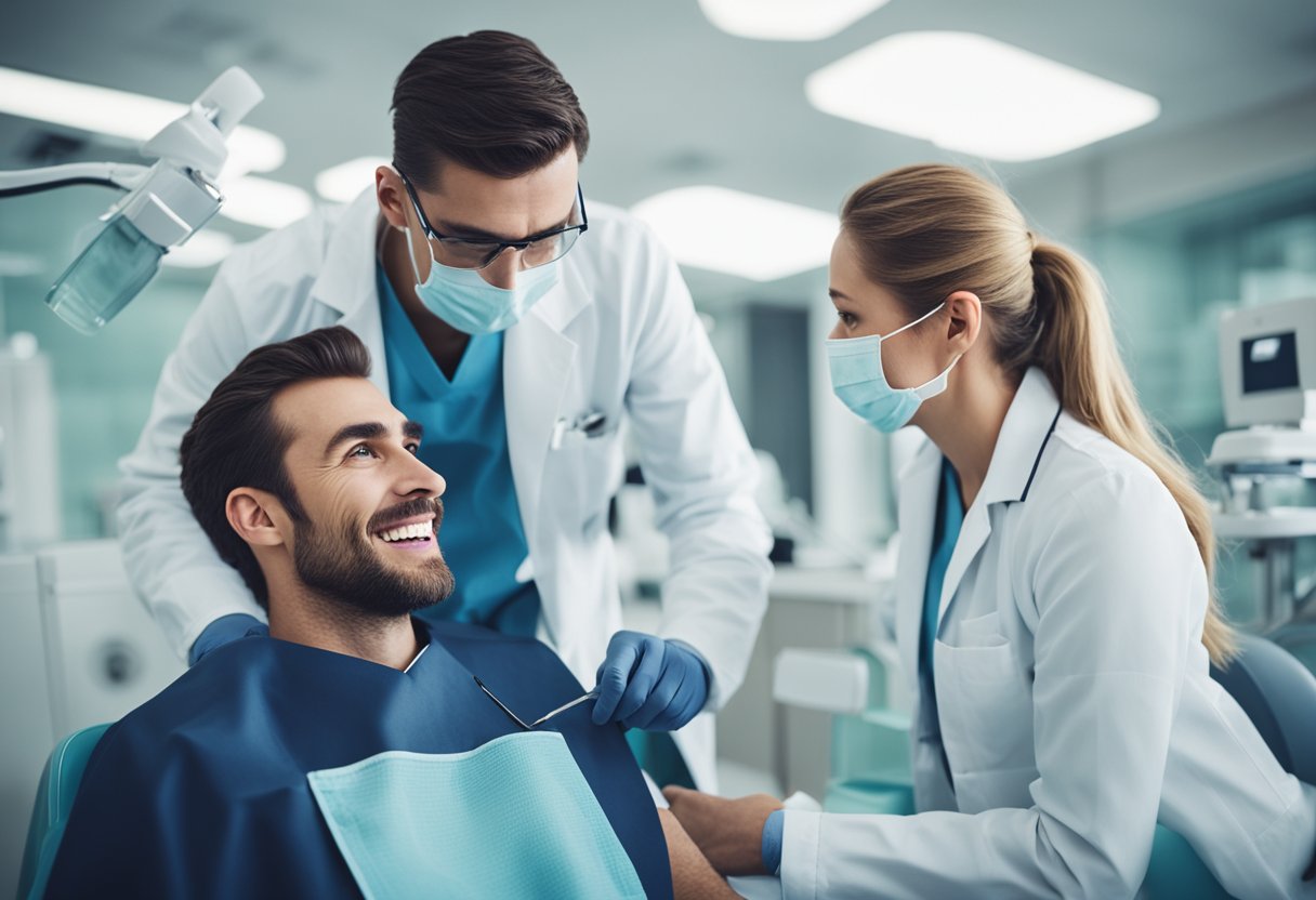 Um consultório dental moderno e luminoso, com um dentista e um paciente a discutir técnicas eficazes de higiene oral.
