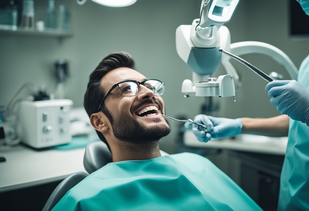 Uma pessoa sentada na cadeira do dentista, com o dentista a examinar os seus dentes e gengivas. Ferramentas e equipamentos dentários são visíveis ao fundo.