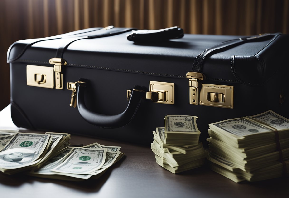 A suitcase overflowing with money sits beside a rental contract, while a shadowy figure lurks in the background