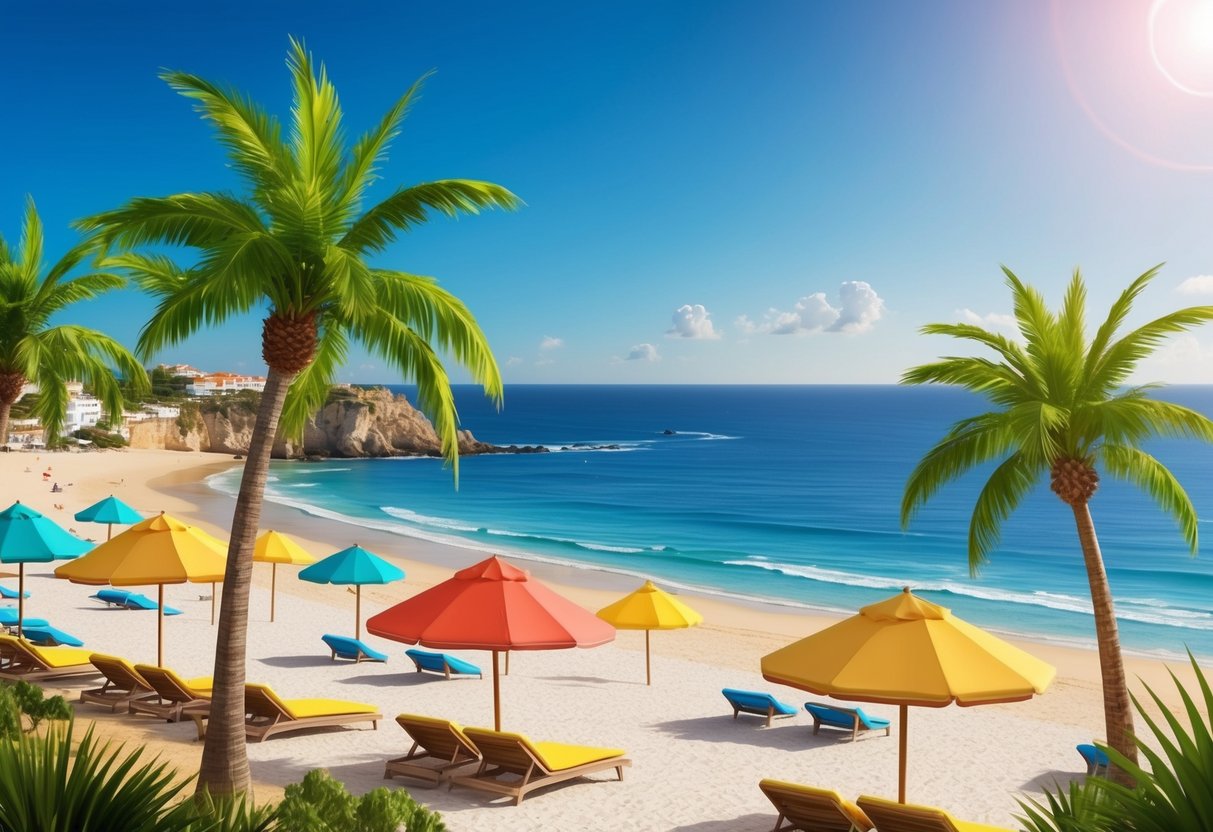 Een zonnig strand met palmbomen en kleurrijke parasols, met uitzicht op de heldere blauwe oceaan in Portugal