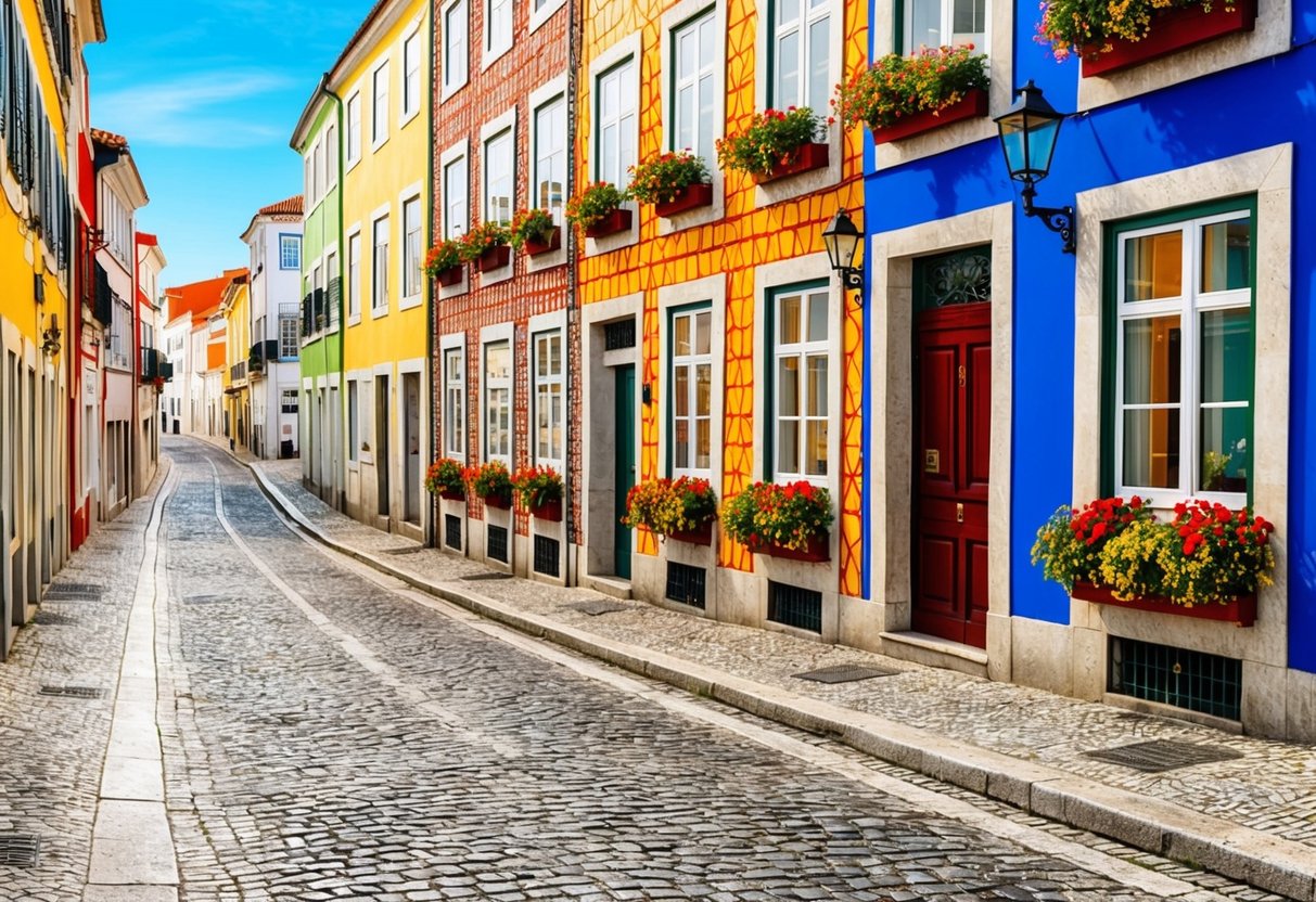 Een kleurrijke straat in Lissabon met traditionele betegelde gebouwen, geplaveide straten en levendige bloemen in vensterbanken