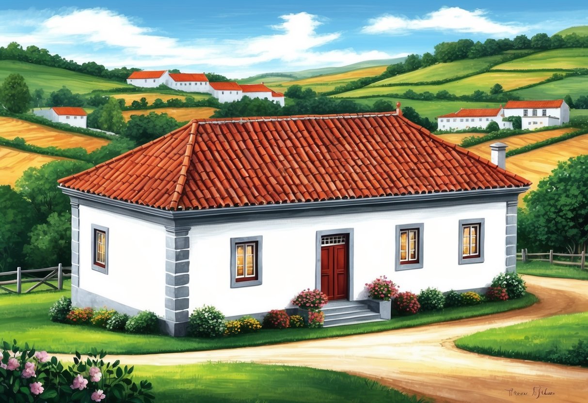 Een traditioneel Portugees huis met een rood tegeldak en witte muren, genesteld in een pittoreske landelijke omgeving.