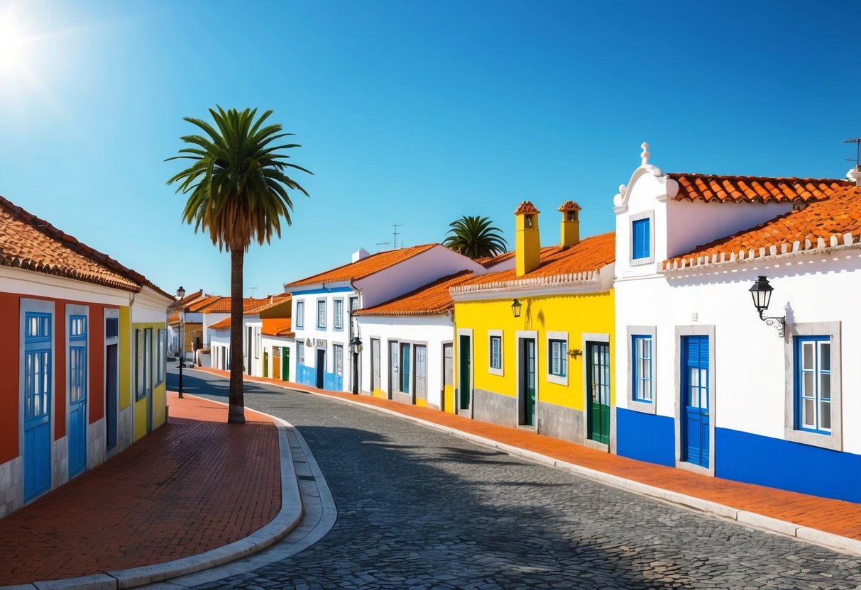 Een zonnige straat in Portugal met kleurrijke gebouwen en traditionele tegel daken. Palmbomen en een heldere blauwe lucht op de achtergrond.