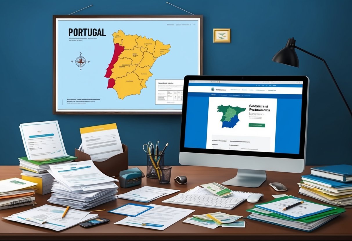 Een bureau vol officiële documenten en vergunningen, een kaart van Portugal aan de muur, en een computer die een overheidswebsite weergeeft.