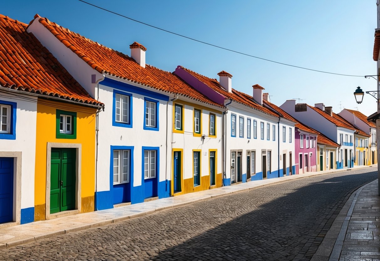 Een rij kleurrijke huizen met rode tegels op het dak en witgekalkte muren, genesteld langs een geplaveide straat in een charmant Portugees dorp