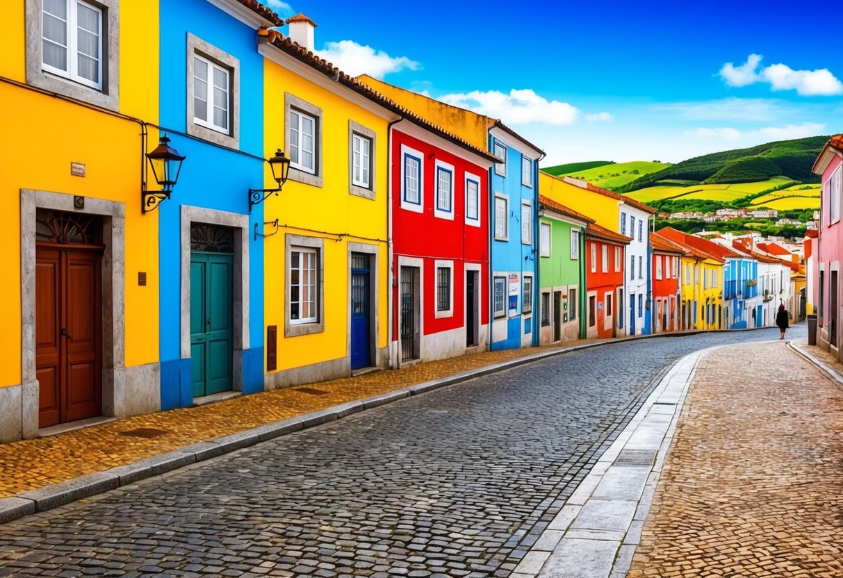 Een pittoreske straat in Portugal met kleurrijke gebouwen, kinderkopjesstoepen en een achtergrond van glooiende heuvels en blauwe luchten