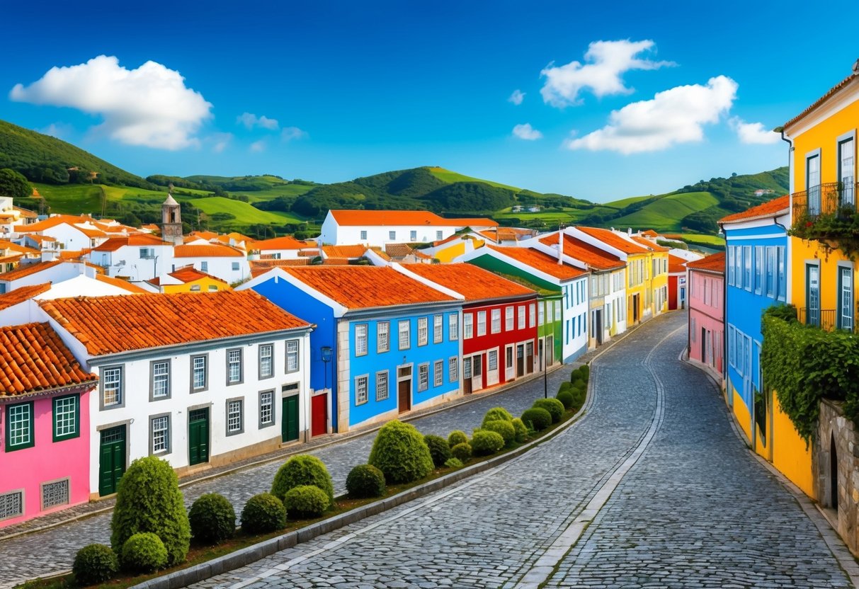 Een schilderachtig uitzicht op een traditioneel Portugees dorp met kleurrijke gebouwen en geplaveide straten, omringd door weelderige groene heuvels en een heldere blauwe lucht