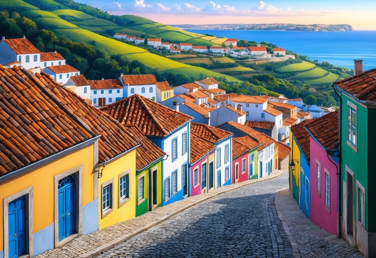 A quaint village nestled in the rolling hills of Portugal, with colorful houses, cobblestone streets, and a serene coastline in the distance