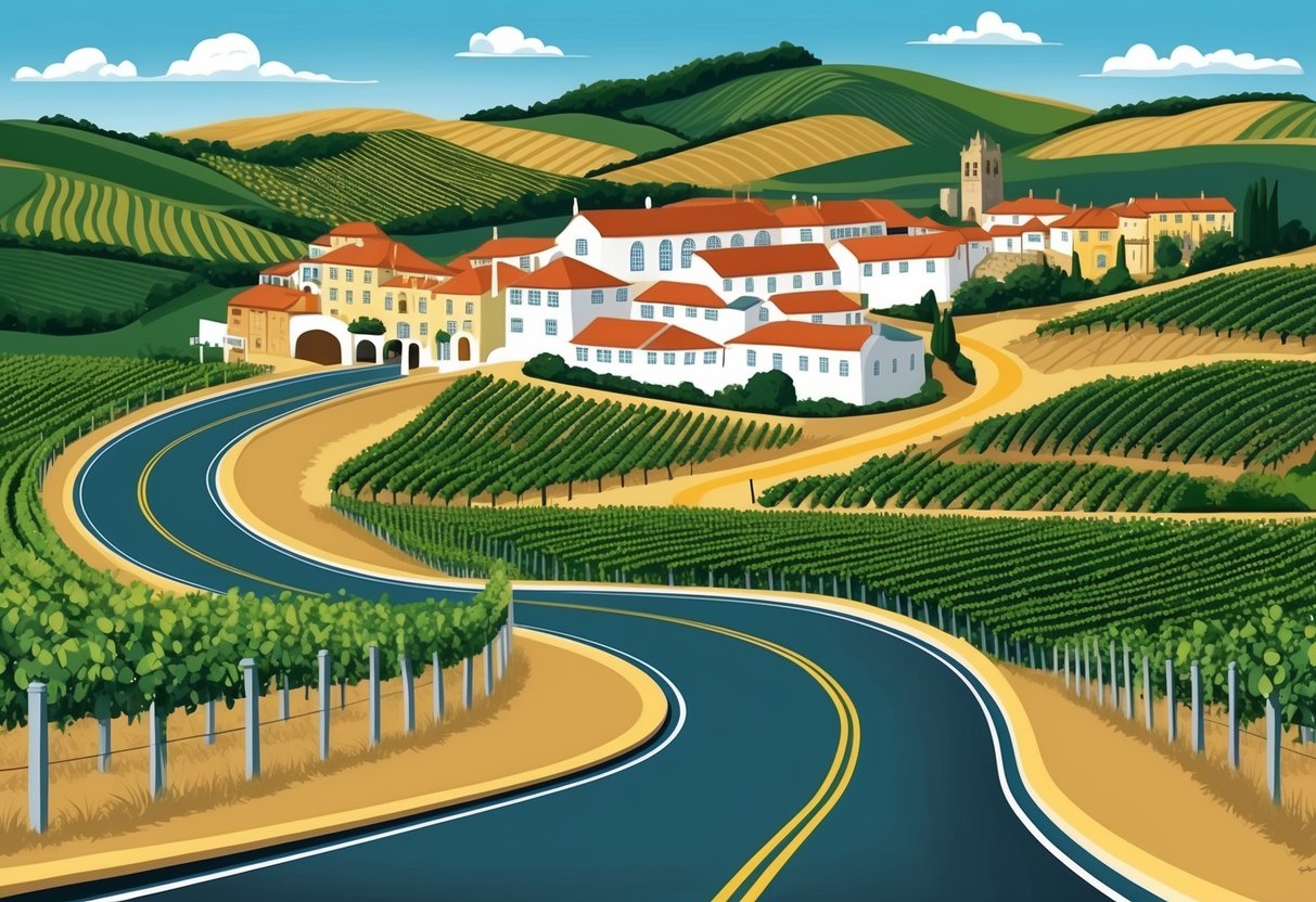 A winding road leading to a charming Portuguese village nestled among rolling hills and vineyards