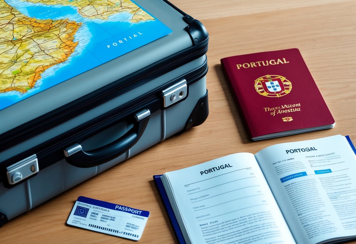 A suitcase, map, and airplane ticket on a table, with a passport and a guidebook opened to a page about Portugal