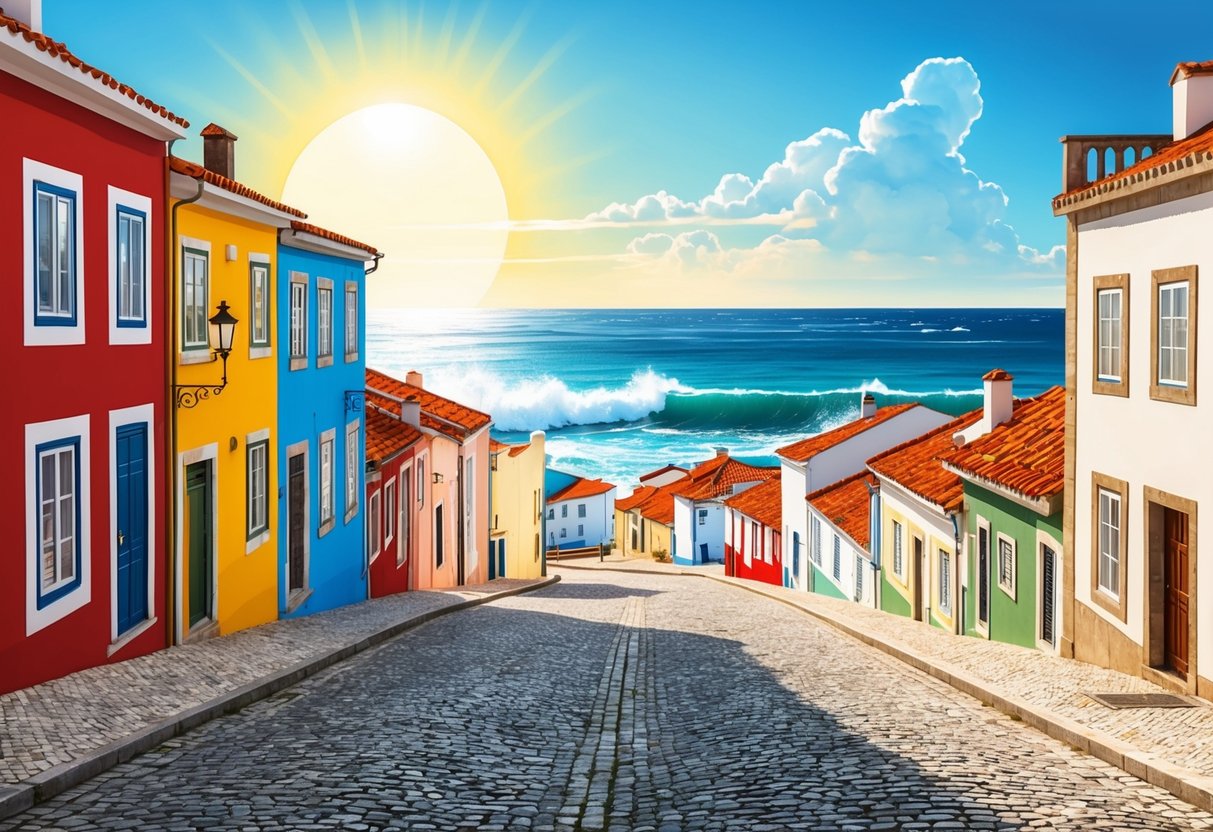 A sunny coastal village in Portugal, with colorful buildings, cobblestone streets, and the sound of waves crashing in the distance