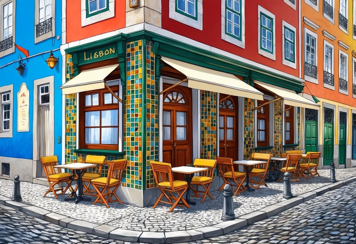 A cozy cafe in Lisbon, with tiled walls and outdoor seating, surrounded by colorful buildings and cobblestone streets