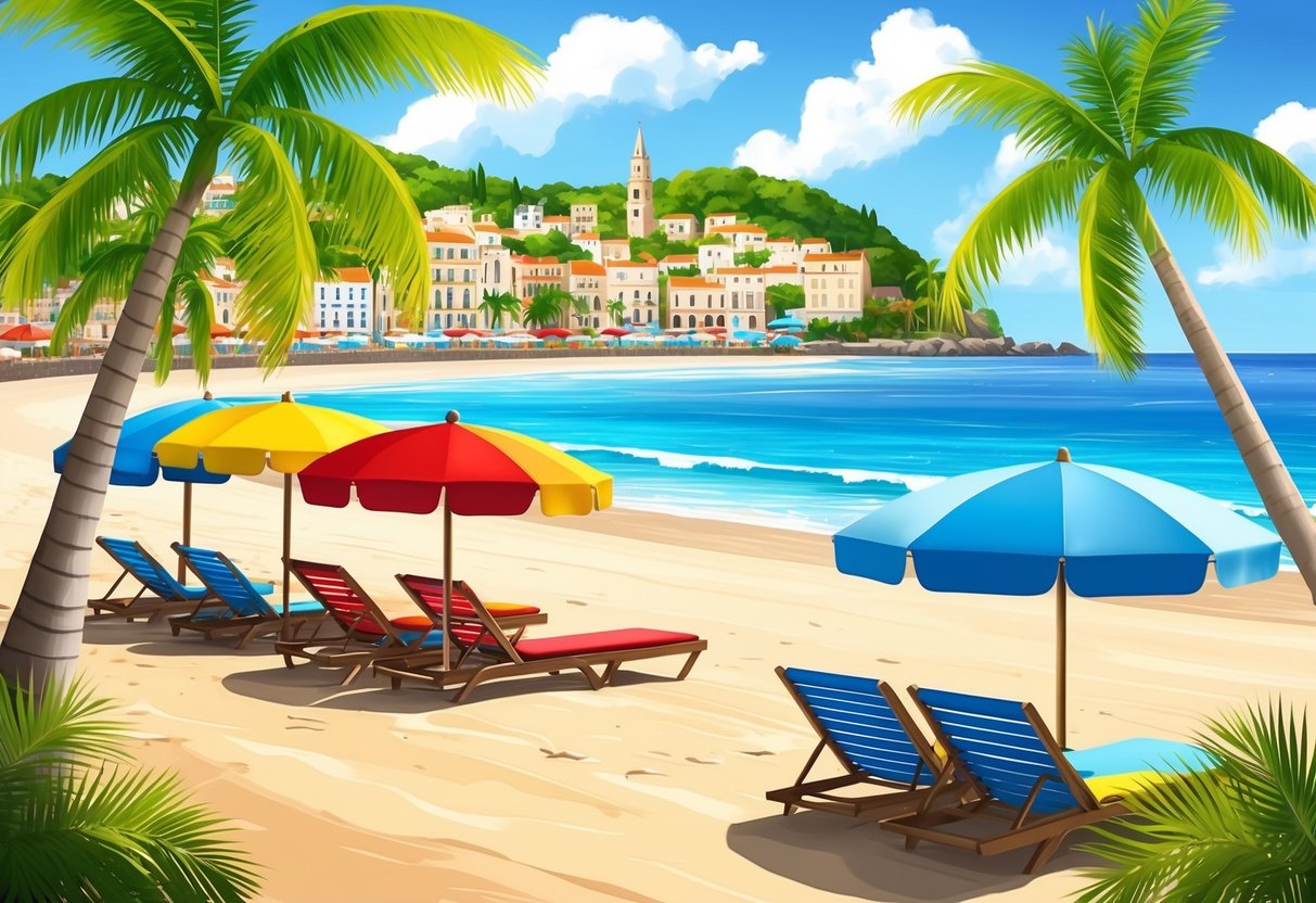 A sunny beach with colorful umbrellas, palm trees, and a quaint coastal town in the background