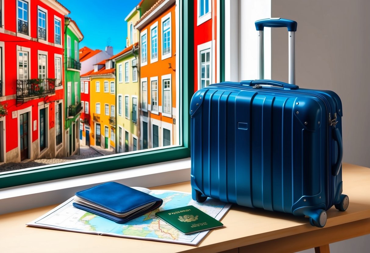 A suitcase, passport, and map lay on a table next to a window overlooking the colorful streets of Lisbon