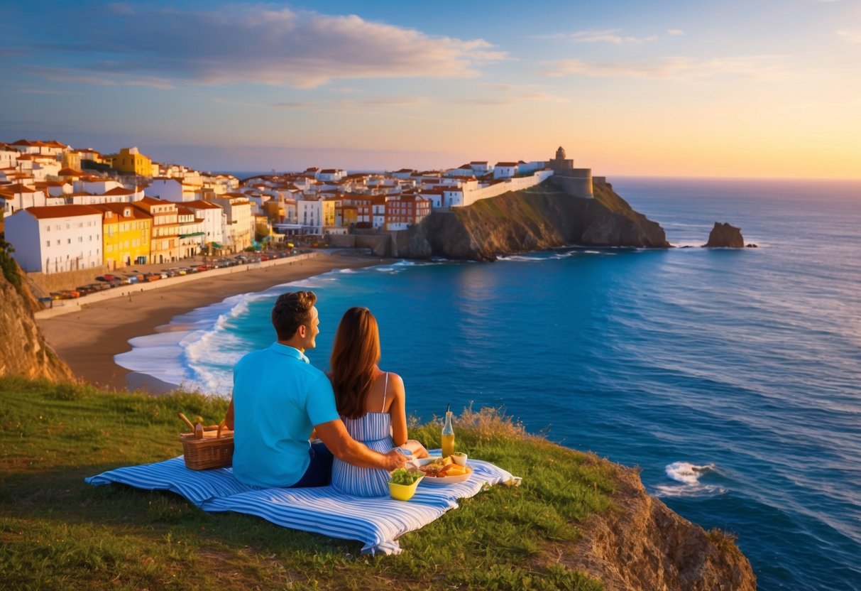 An expat couple enjoys a sunset picnic on a cliff overlooking the Atlantic Ocean in Portugal. The colorful buildings of a nearby village dot the coastline