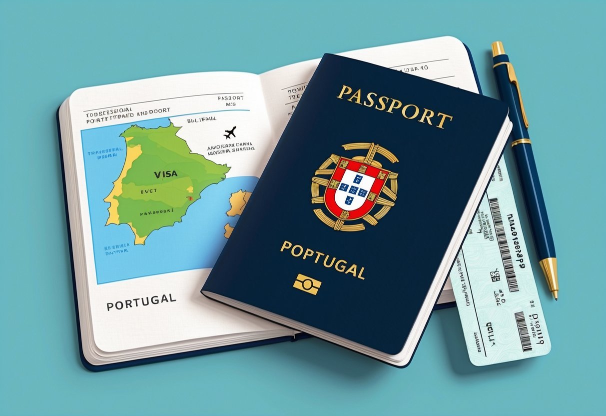 A traveler's passport with an open visa page, a map of Portugal, and a plane ticket