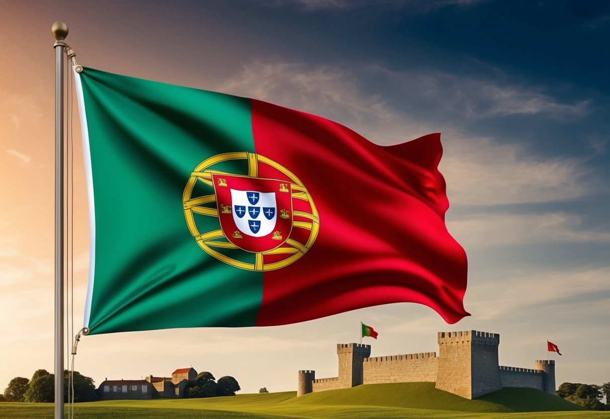 A Portuguese flag waving in the wind, with a castle in the background