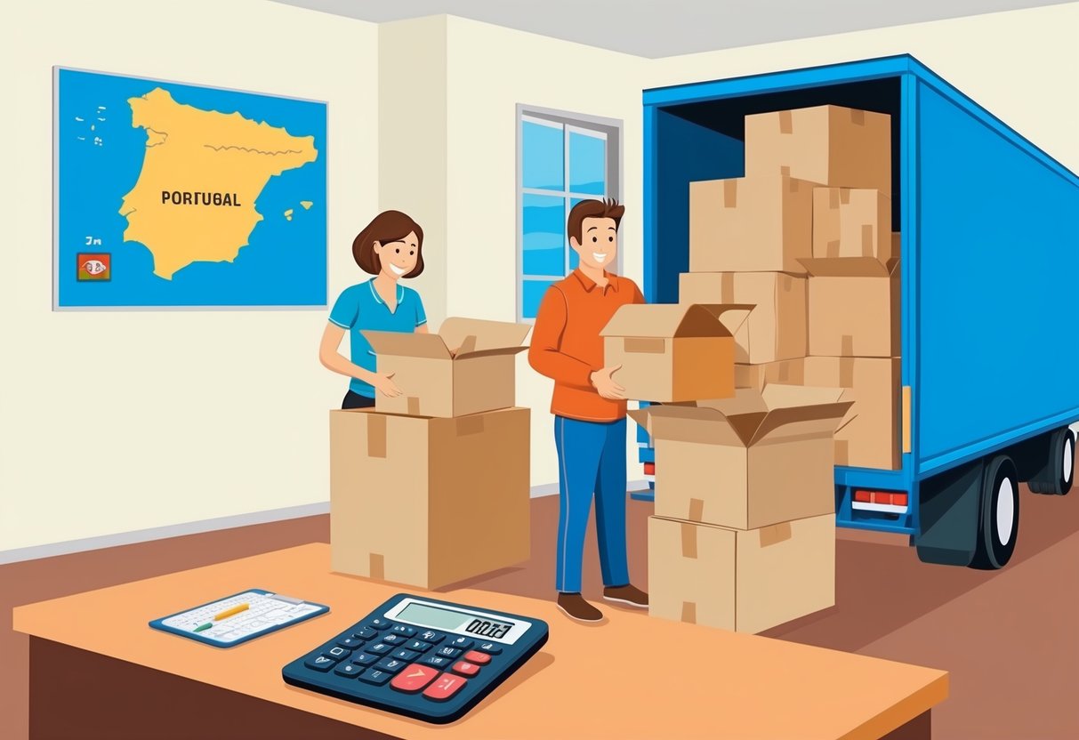 A family packing boxes and furniture into a moving truck, with a map of Portugal on the wall and a calculator on the table