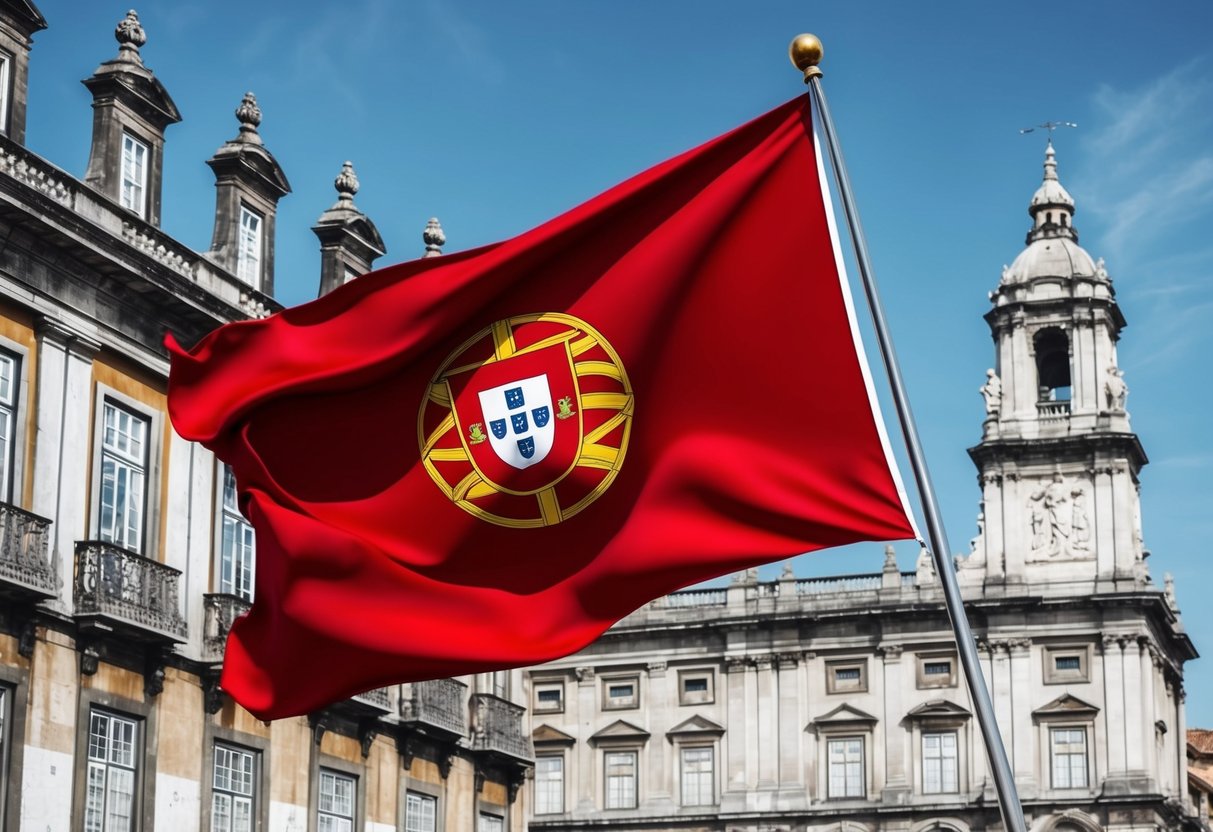 A Portuguese flag waving proudly against a backdrop of historic architecture