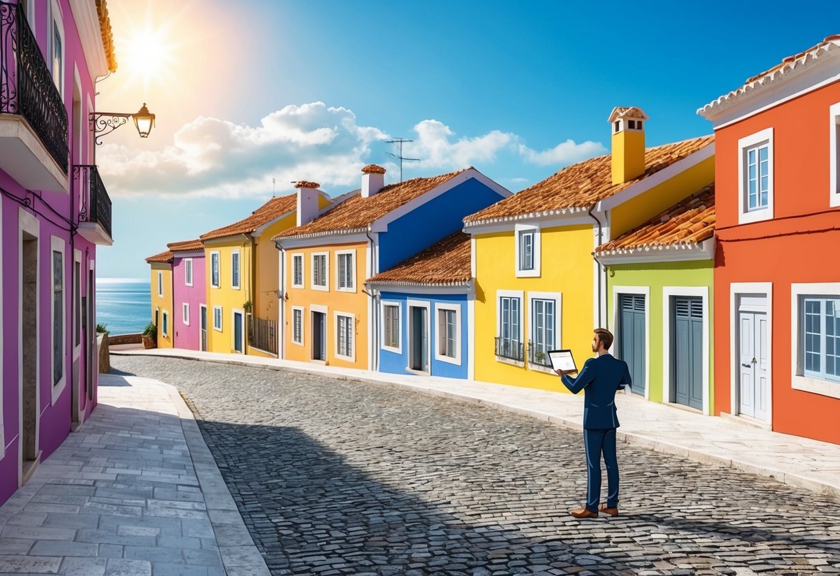 A sunny day in Portugal, a quaint cobblestone street lined with colorful buildings, a real estate agent showing a charming villa with a view of the ocean