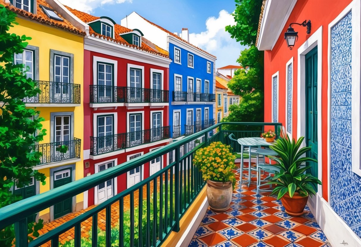 A cozy apartment in Portugal, with a balcony overlooking the colorful streets, surrounded by traditional tiled buildings and lush greenery