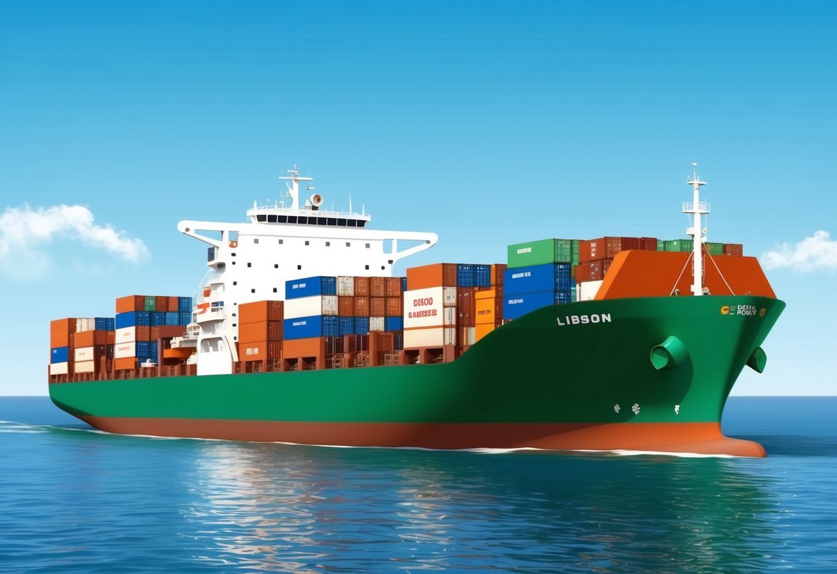 A cargo ship sailing towards the port of Lisbon, Portugal. The vessel is surrounded by calm blue waters and a clear sky