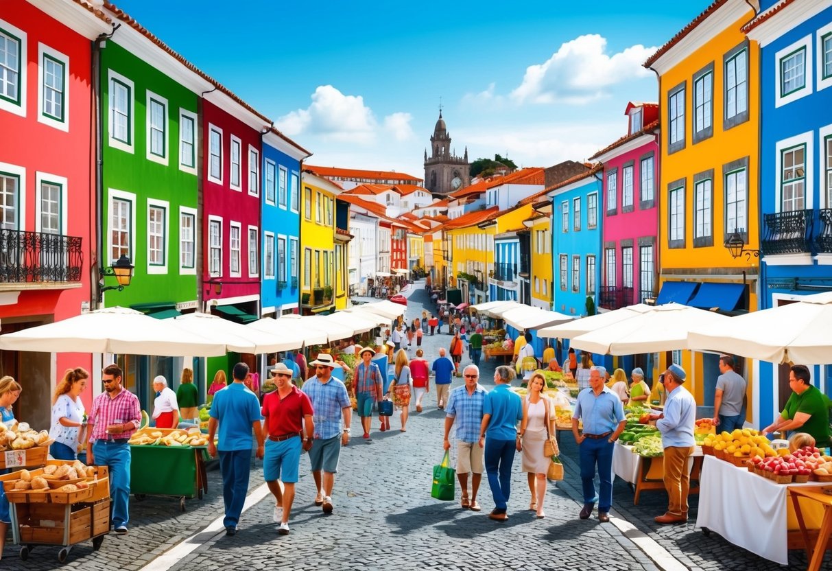 A bustling street market in a charming Portuguese town, with colorful buildings and locals mingling with expats from various countries