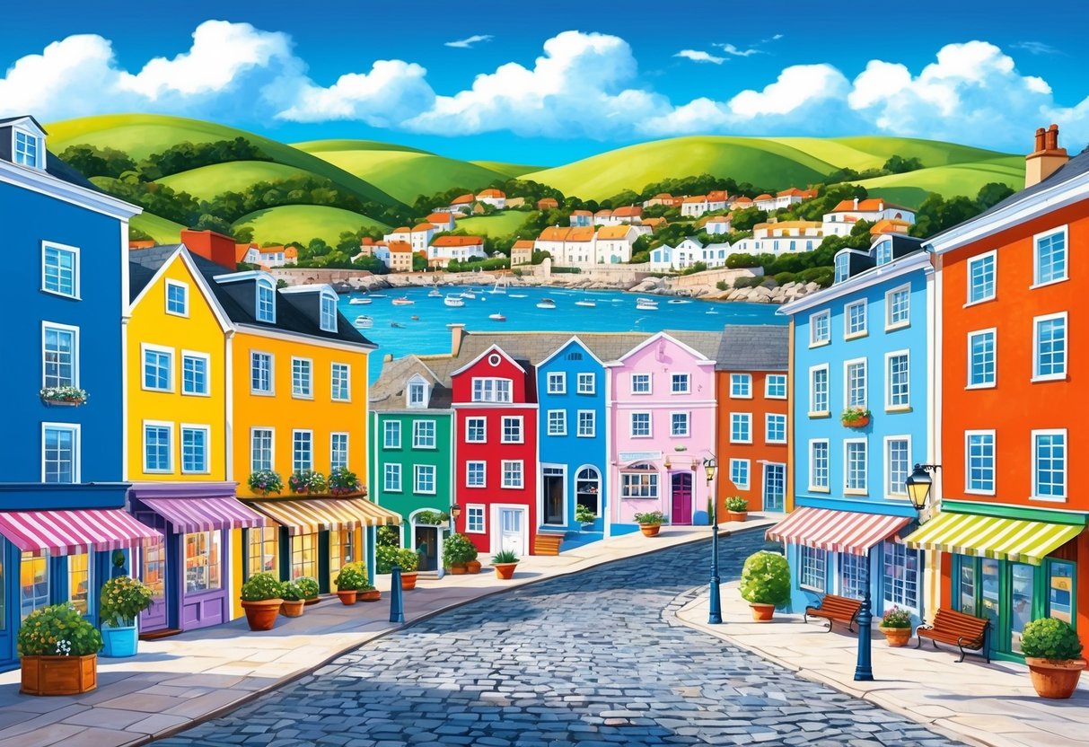 A charming coastal town with colorful buildings, cobblestone streets, and a backdrop of rolling hills and blue skies