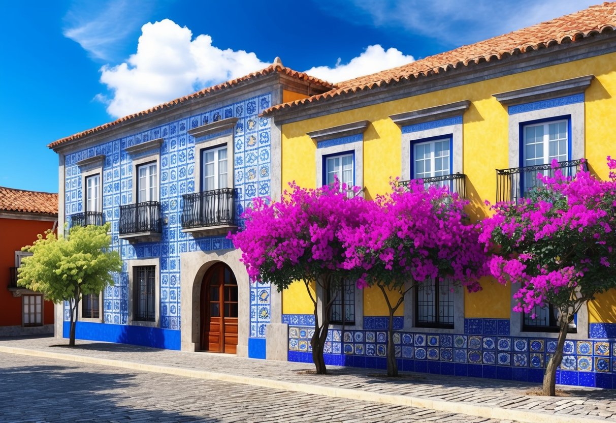 Colorful azulejo tiles cover the walls of a traditional Portuguese building, surrounded by blooming bougainvillea and a sunny blue sky