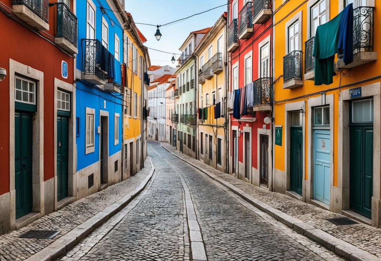 A cobblestone street winding through colorful buildings in Lisbon, with laundry hanging from balconies and the sound of Fado music drifting through the air