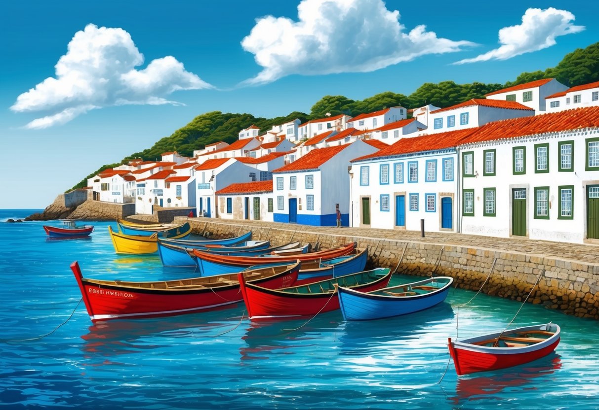 A traditional Portuguese fishing village with colorful boats and whitewashed buildings nestled along the coast