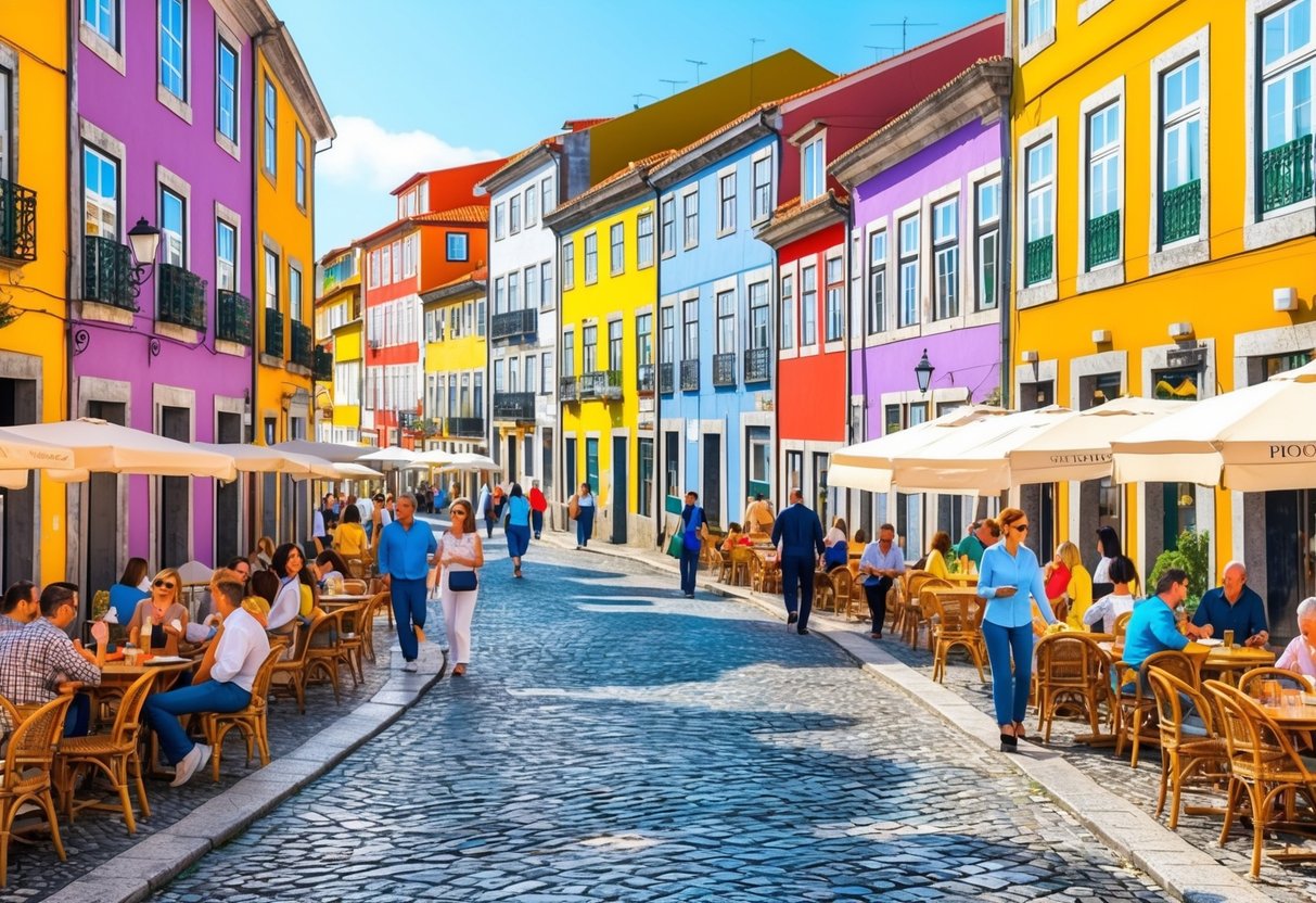 A bustling street in Porto, with colorful buildings and cobblestone roads, lined with outdoor cafes and shops. Tourists and locals mingle, creating a lively atmosphere