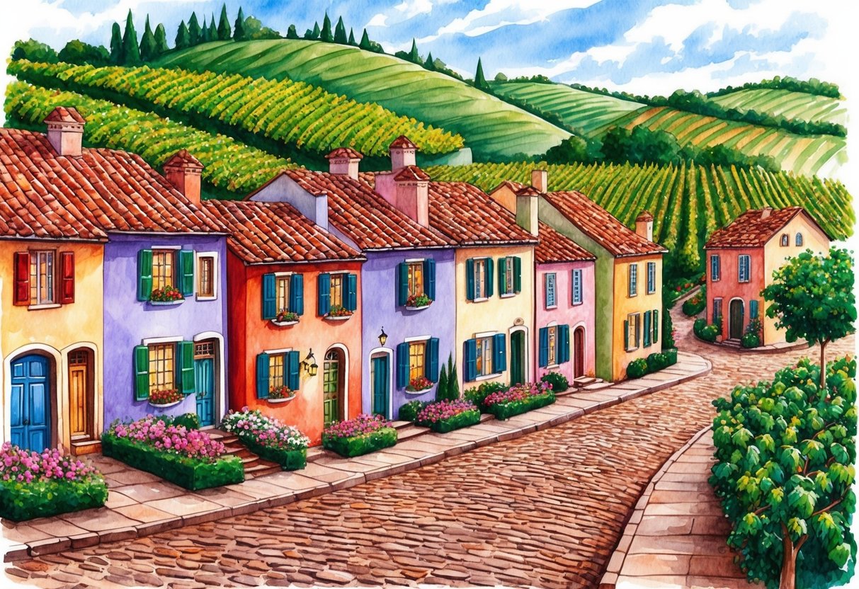 A quaint village nestled among rolling hills, with colorful houses, cobblestone streets, and lush vineyards in the background