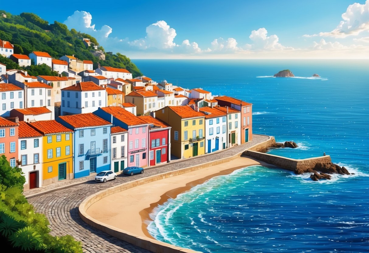 A serene coastal town in Portugal, with colorful houses lining the cobblestone streets, overlooking the sparkling blue ocean