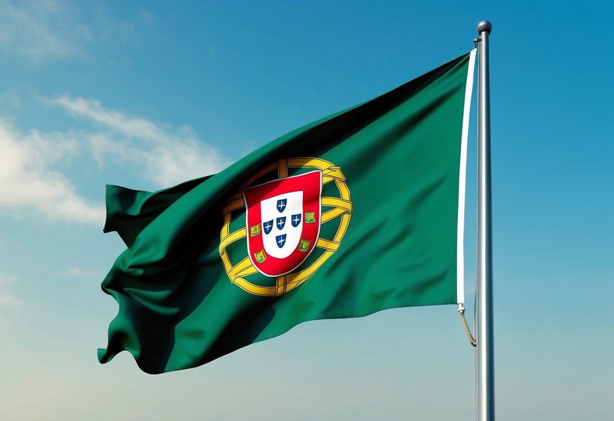 A Portuguese flag waving in the wind against a clear blue sky