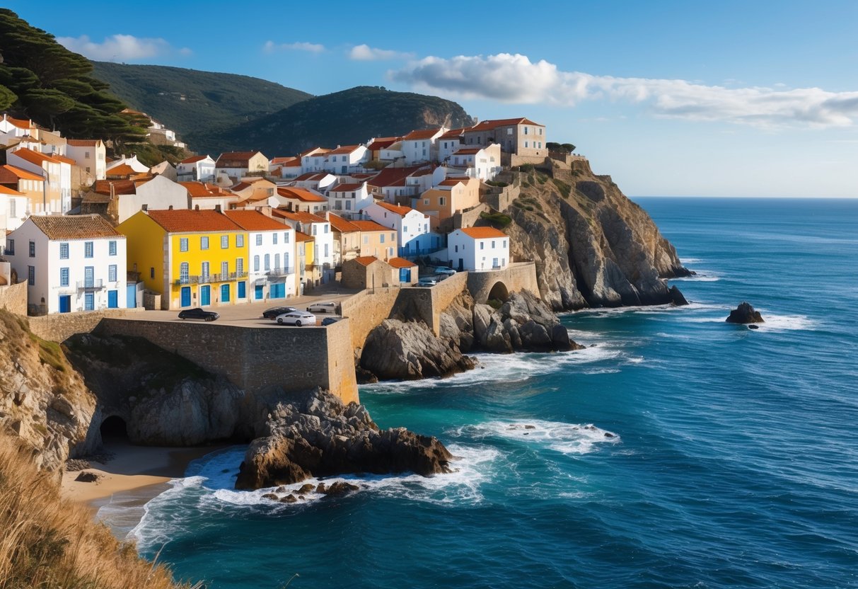 A quaint fishing village nestled along the rugged coastline of Portugal, with colorful houses perched on cliffs overlooking the sparkling blue sea