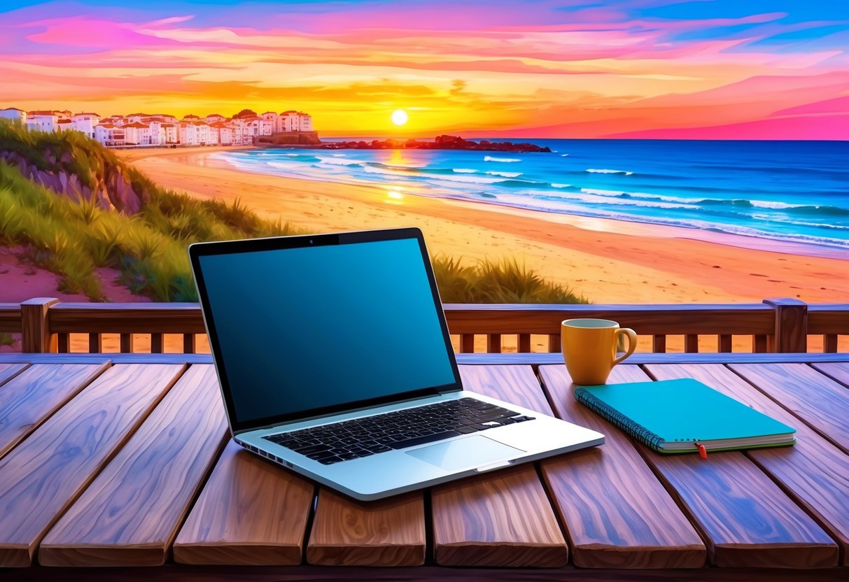 A laptop and a notebook sit on a wooden table overlooking a picturesque beach in Portugal, with a colorful sunset in the background