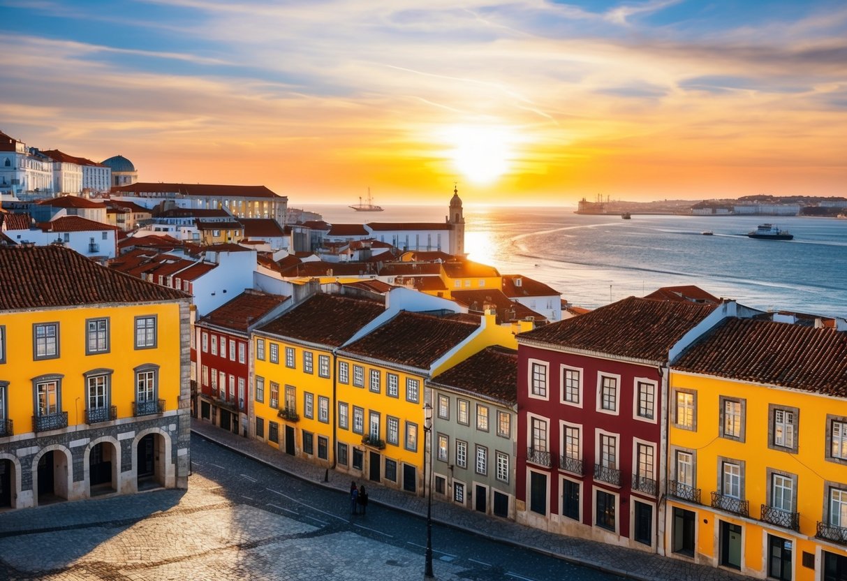 A golden sunset over the historic streets of Lisbon, Portugal, with traditional tiled buildings and a view of the Tagus River