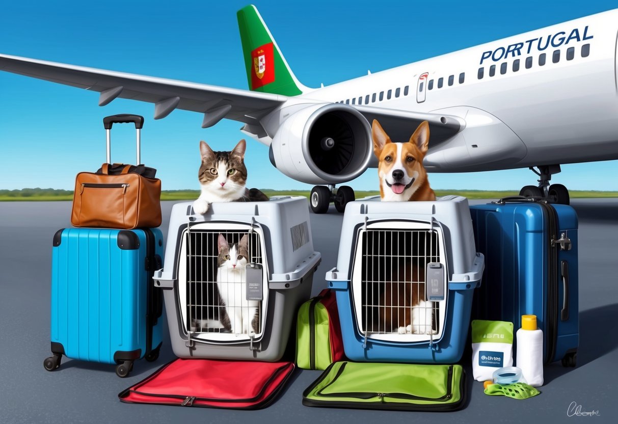 A cat and a dog in travel crates, surrounded by luggage and pet supplies, waiting to board a plane bound for Portugal