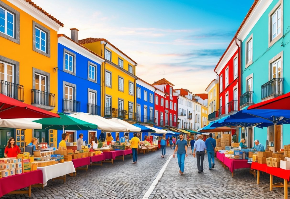 A bustling street market in Portugal, with colorful buildings and traditional architecture, showcasing various properties for sale