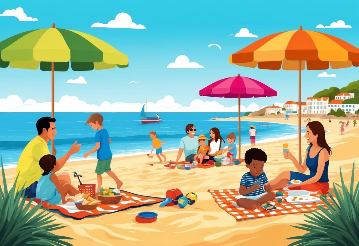 A sunny beach with colorful umbrellas, children playing in the sand, and families enjoying a picnic by the water in Portugal