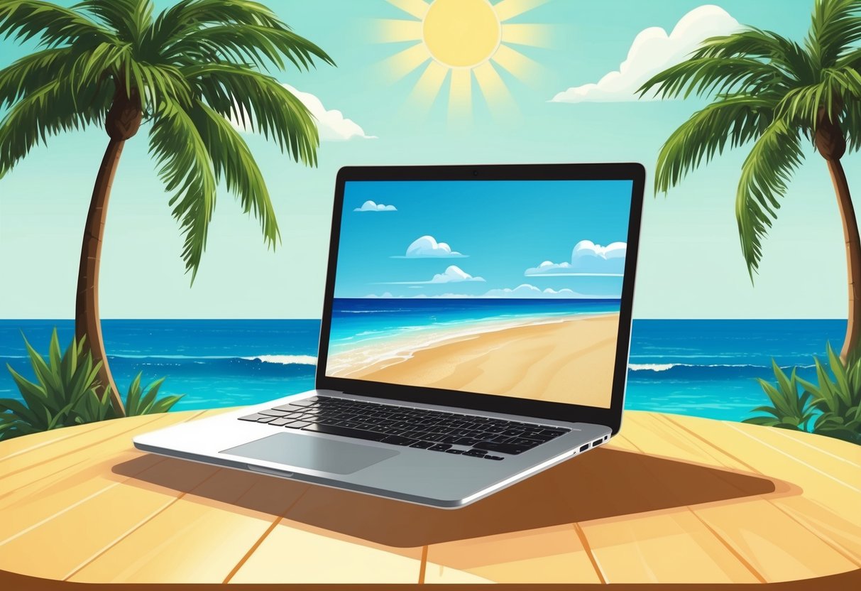 A laptop on a sunlit table with a view of the ocean and palm trees in the background