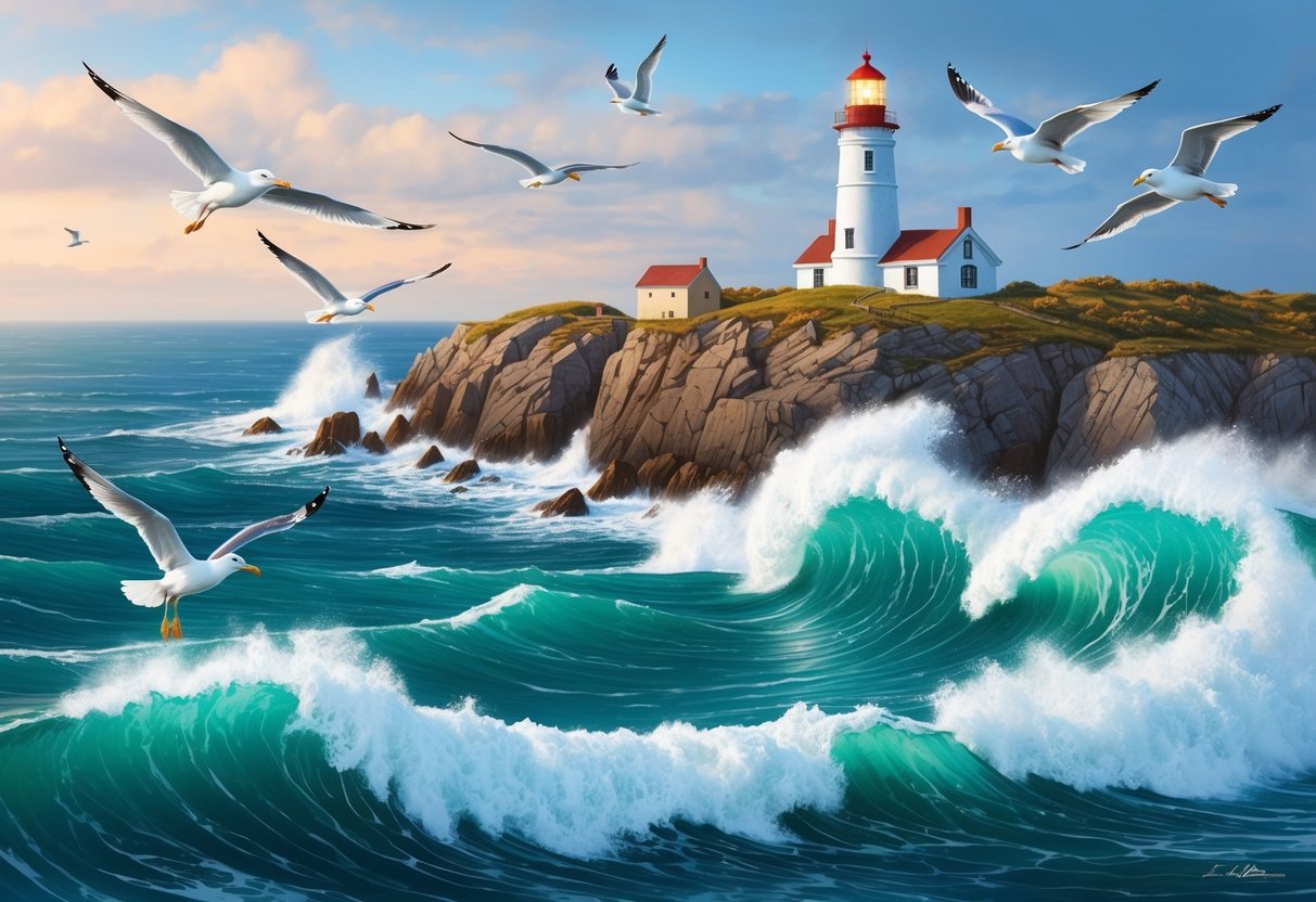 A lighthouse on a rugged cliff overlooking the crashing waves of the Atlantic Ocean, with seagulls circling overhead