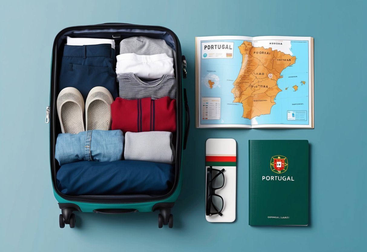 A suitcase filled with clothes, shoes, and travel essentials laid out next to a map of Portugal and a guidebook