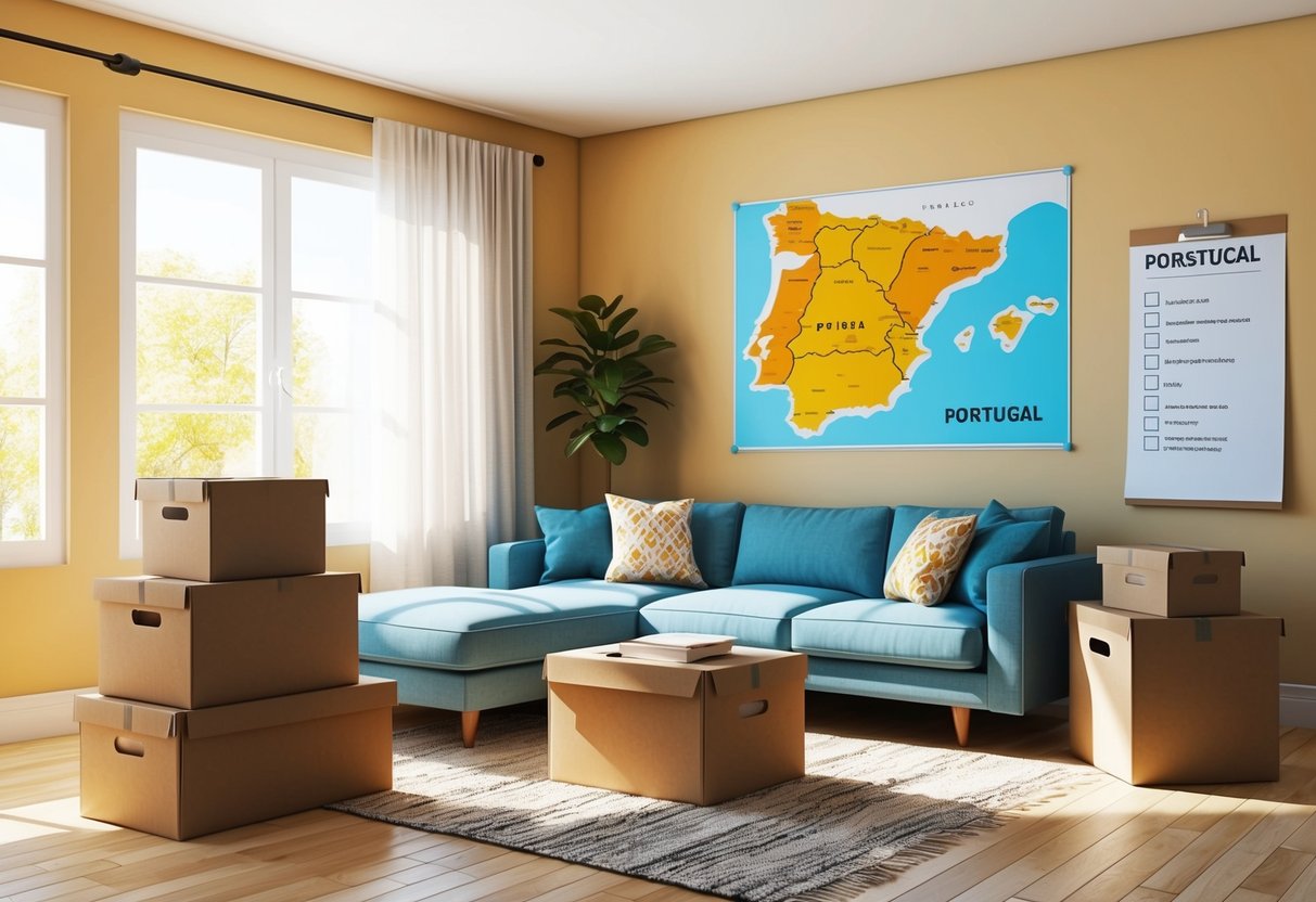 A cozy living room with moving boxes, a map of Portugal, and a checklist pinned to the wall. Sunshine streams through the window